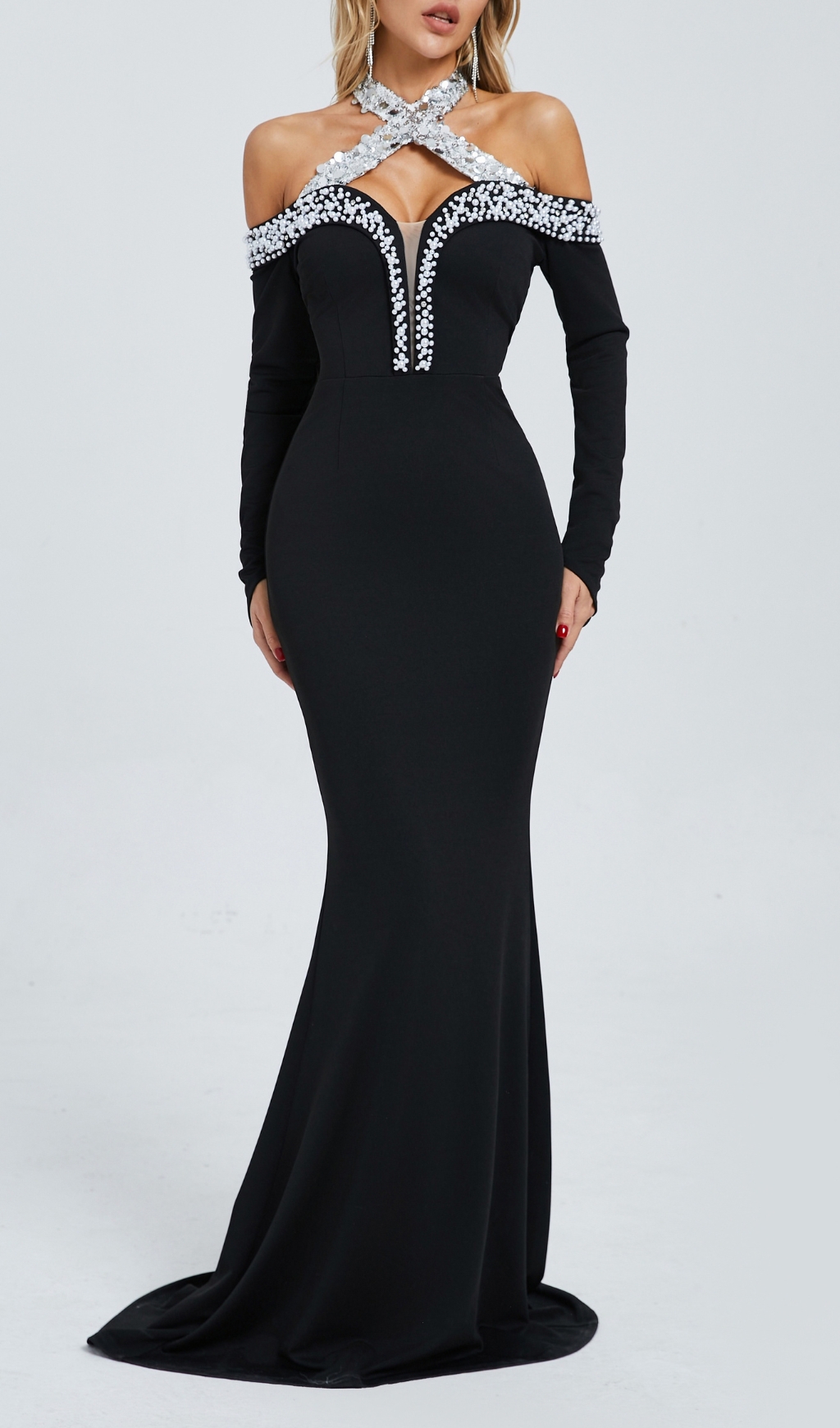 Fashionslee Women Damir Black Pearl Long Sleeve Maxi Dress