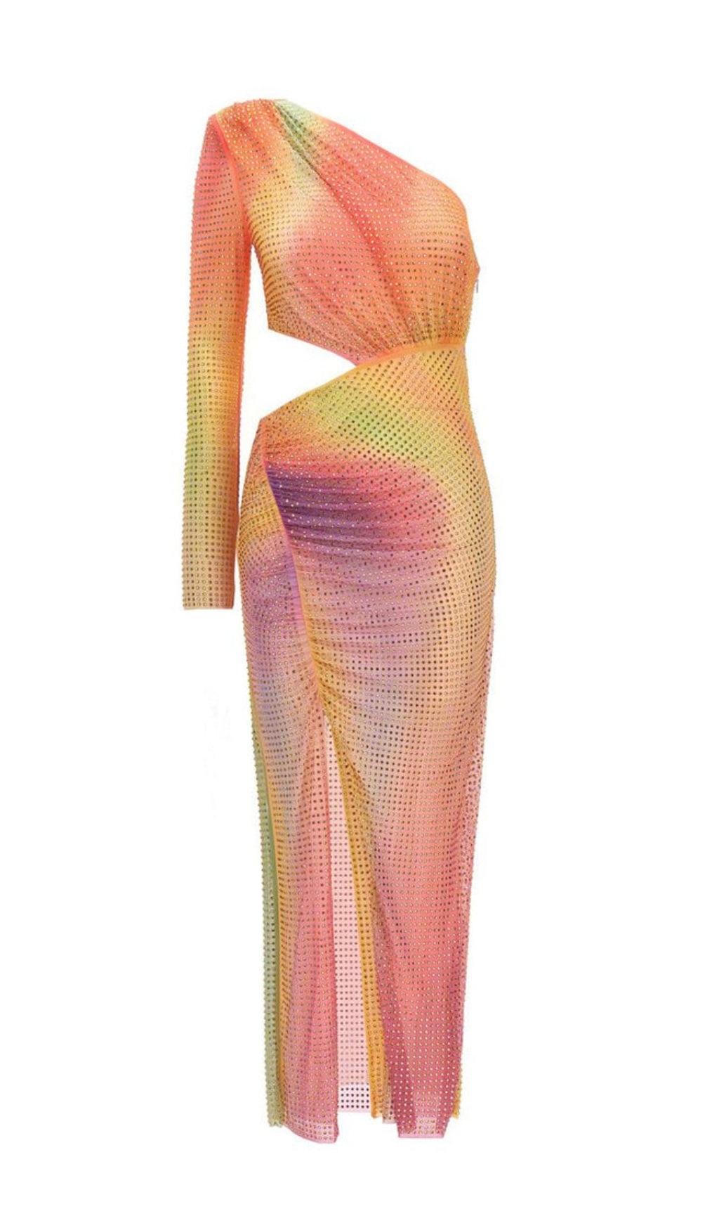 Fashionslee Women Mesh Rhinestone One Shoulder Midi Dress In Cotton Candy
