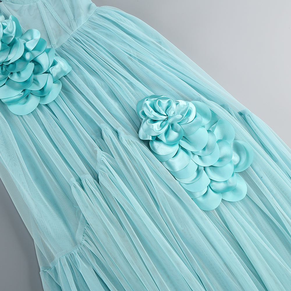 Fashionslee Women Blanca Blue Strapless Flower Corset Maxi Dress