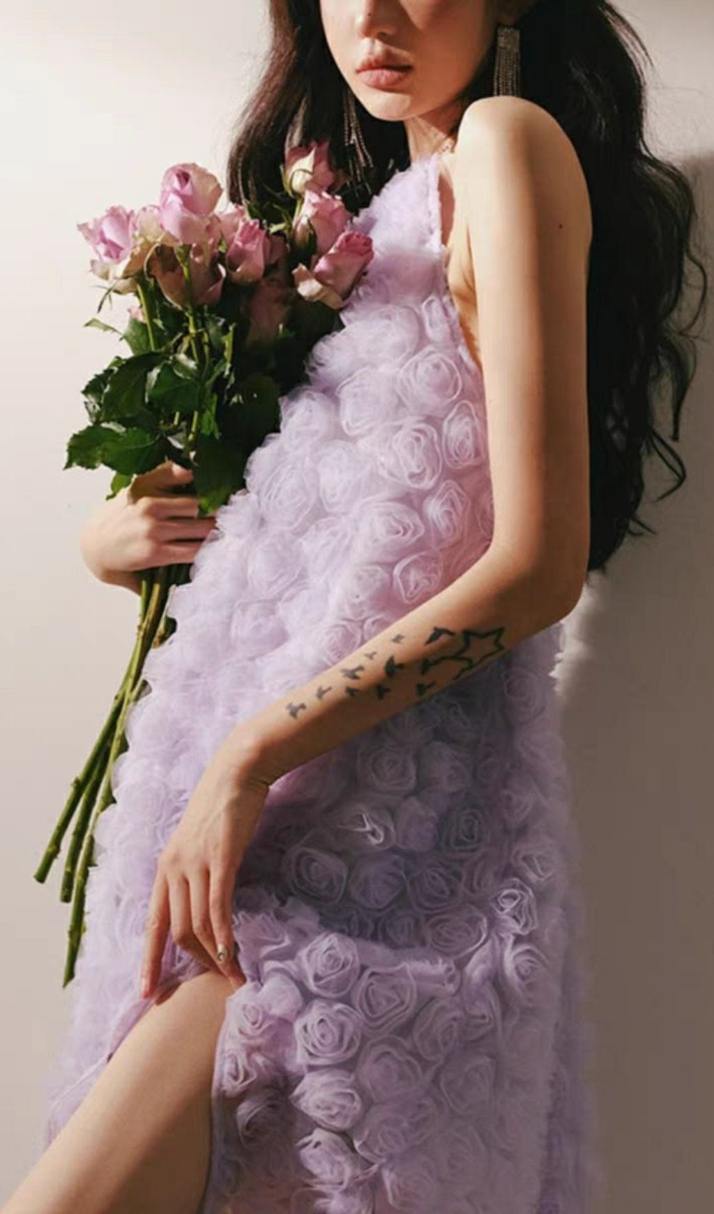 Fashionslee Women 3D Purple Rose Halter Neck Backless Midi Dress