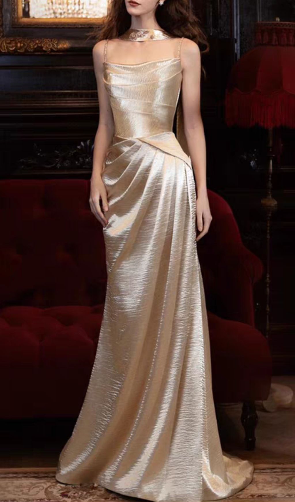 Fashionslee Women Hung Champagne Strappy Ruched Maxi Dress