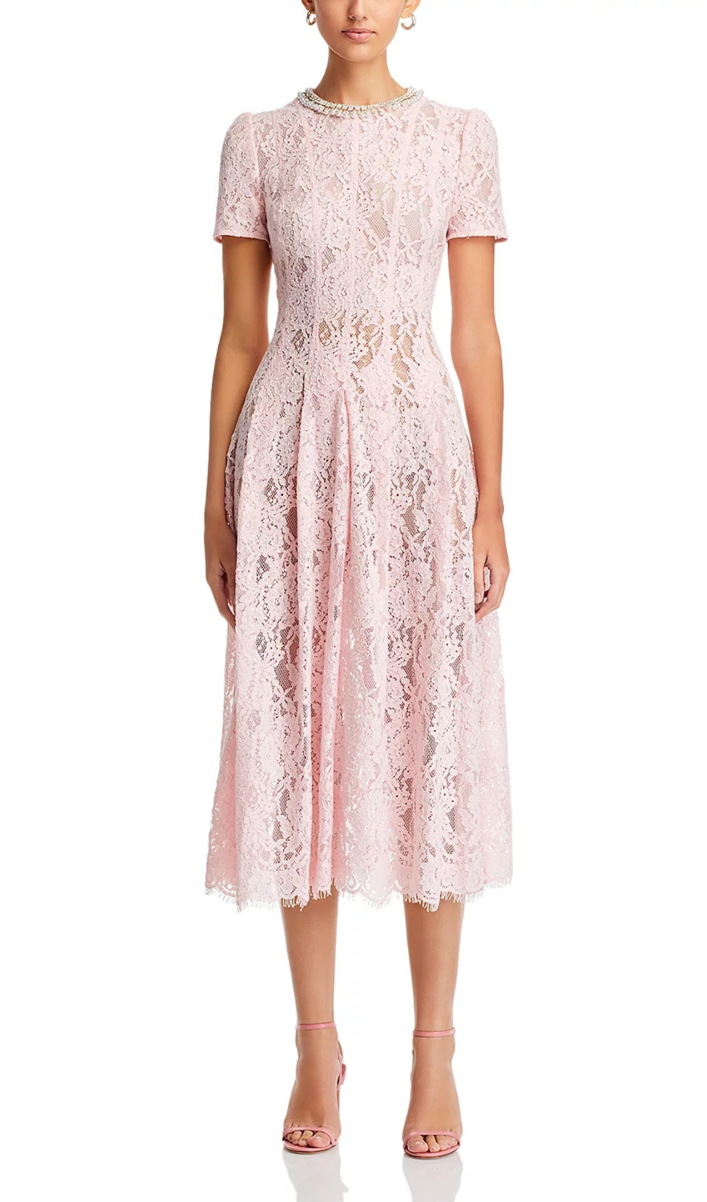 Fashionslee Women Pink Lace Embellished Midi Dress