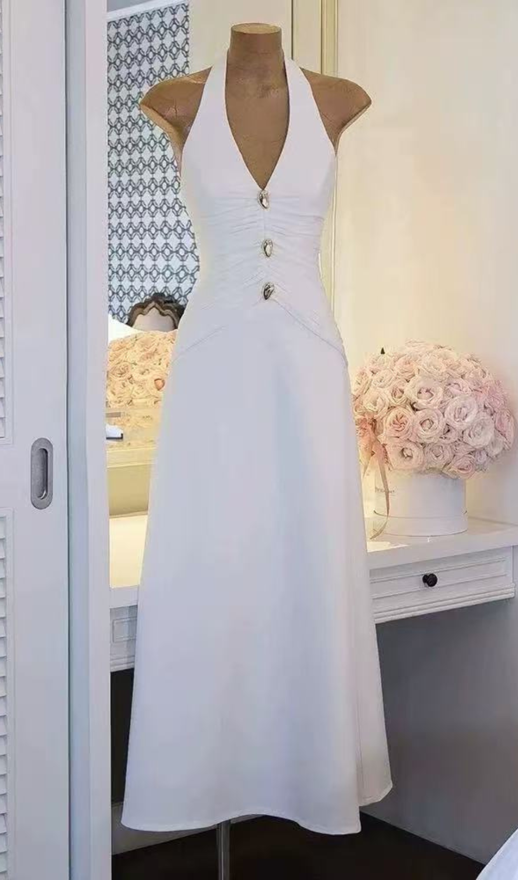 Fashionslee Women Genica White Halter Midi Dress