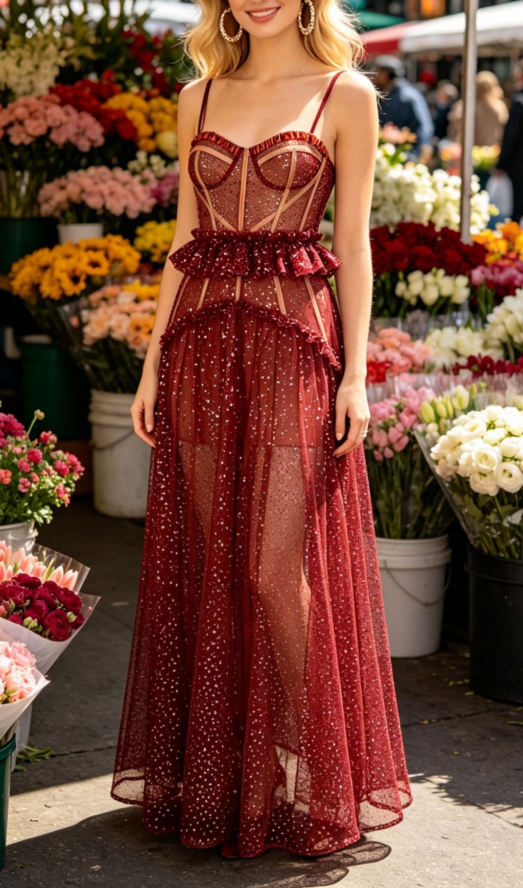 Fashionslee Women Korene Red Strappy Sequin Mesh Maxi Dress