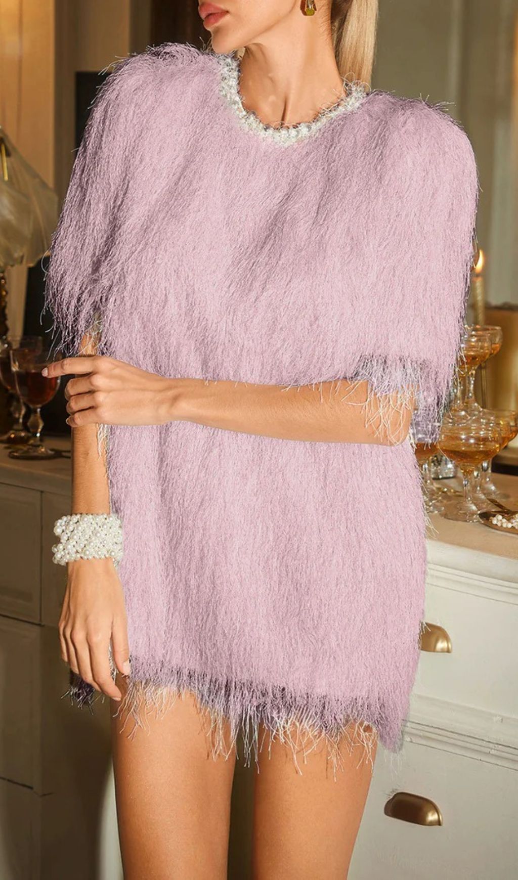 Fashionslee Women Celena Pearl Fringe Mini Dress In Pink