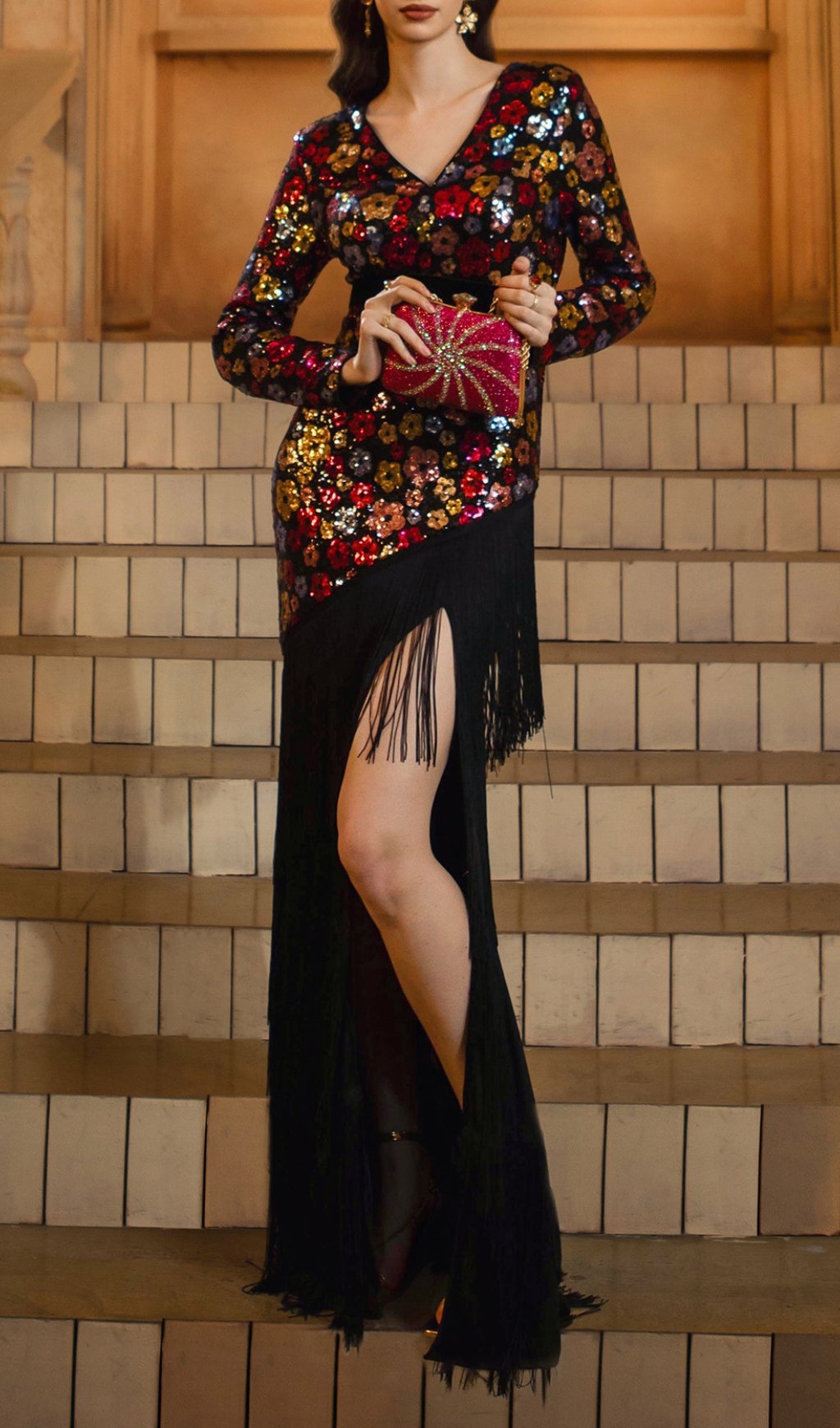 98bc7379c2e5fdfa4ebf0170137520a2.jpg Fashionslee Women Dimaia Flower Sequin Tassel Long Sleeve Maxi Dress