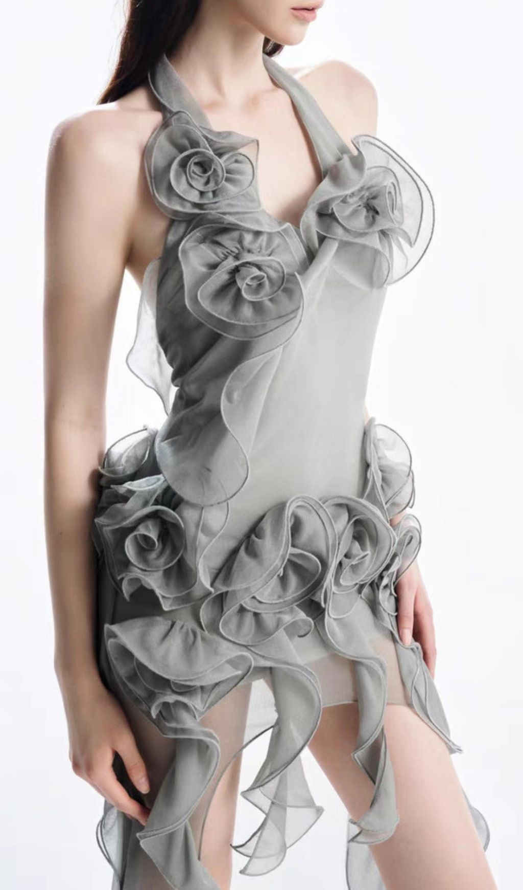 Fashionslee Women Hailey Grey Halter Flower Maxi Dress