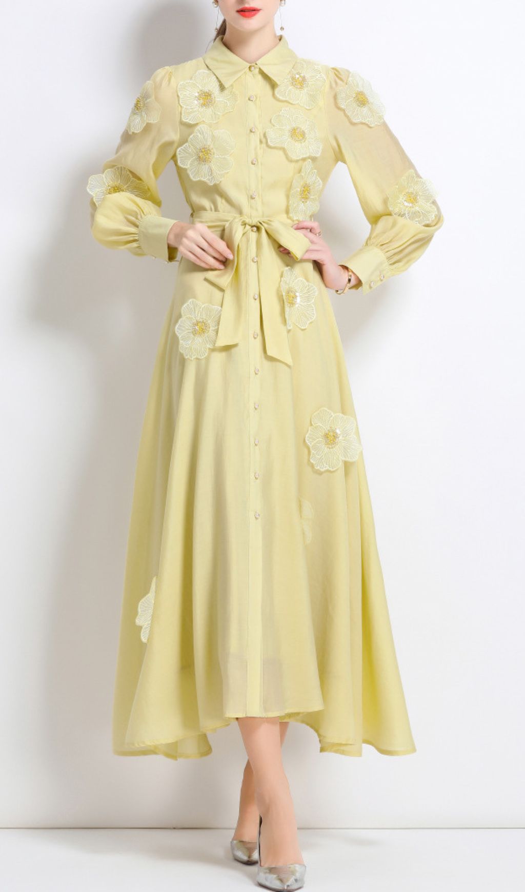 Fashionslee Women Holly Yellow Flower Long Sleeve Midi Dress