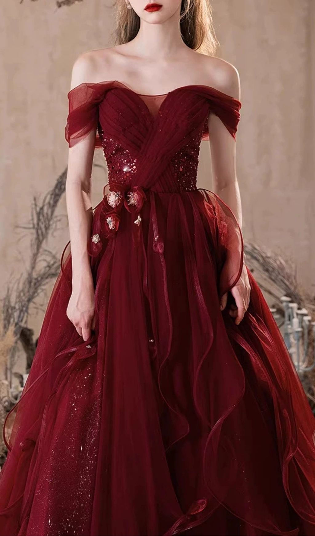 990521a2ec43e2afbdf11e6777eb7fa5.jpg Fashionslee Women Kasandra Red Off-Shoulder Mesh Maxi Dress