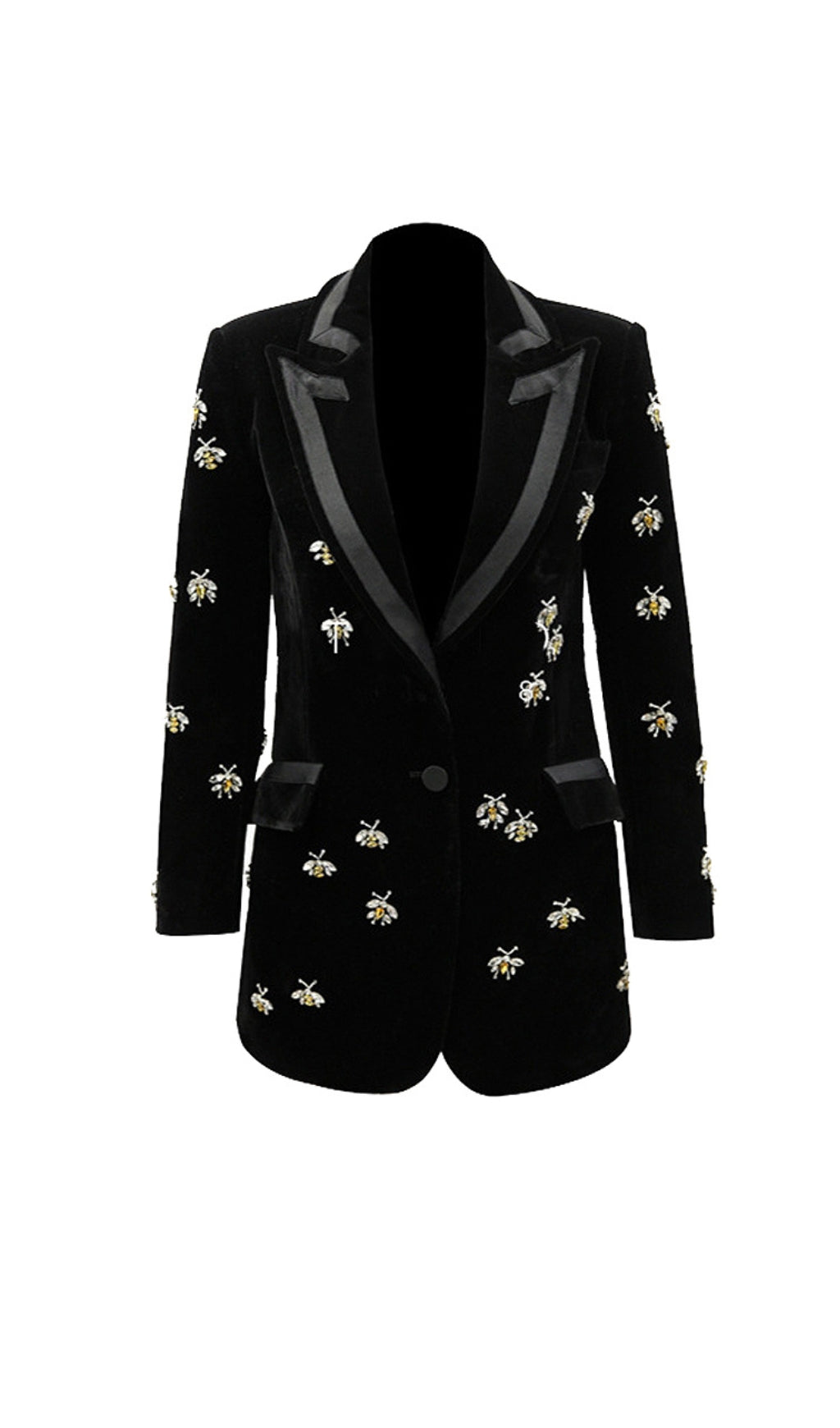 9932d8382e341731ee8d90e6acb081b4.jpeg Fashionslee Women Black Velvet Blazer Jacket With Rhinestone Bees