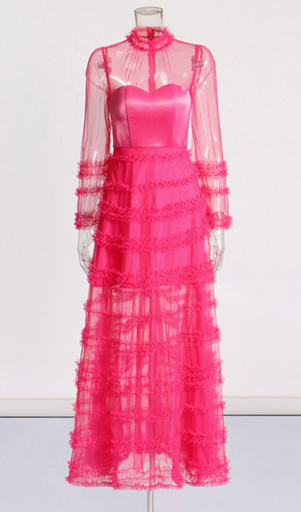 Fashionslee Women Kevlyn Pink Mesh Long Sleeve Maxi Dress