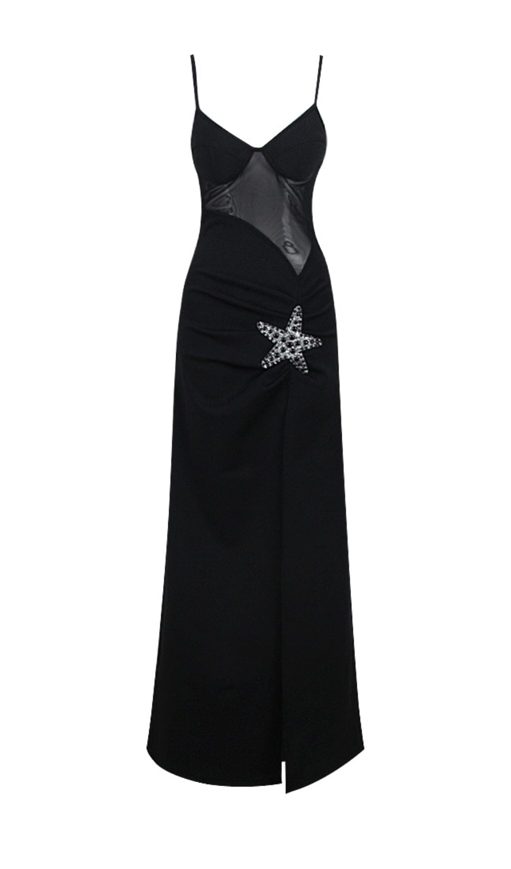 Fashionslee Women Starfish Embellished Mesh Bodice Maxi Dress In Black