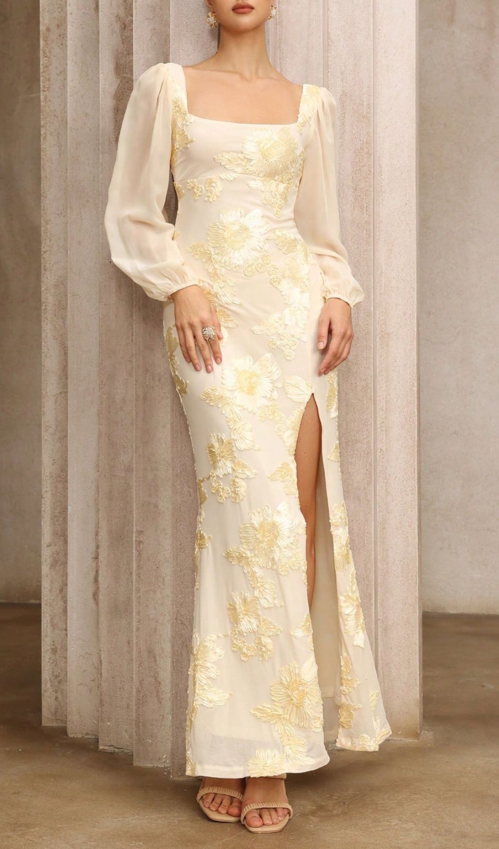 Fashionslee Women Kadence Yellow Long Sleeve Flower Maxi Dress