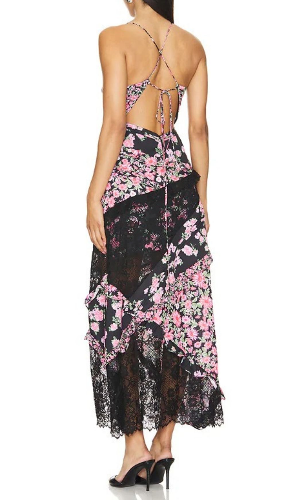 Fashionslee Women Georgia Black V Neck Floral Print Lace Maxi Dress