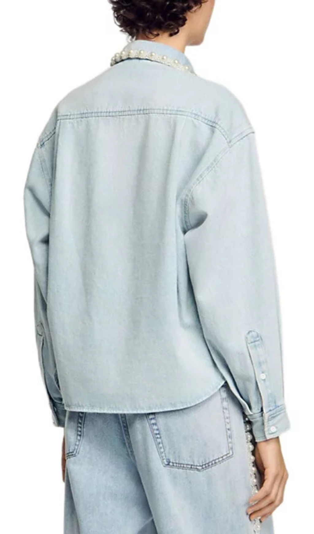 Fashionslee Women Beaded Collar Denim Shirt