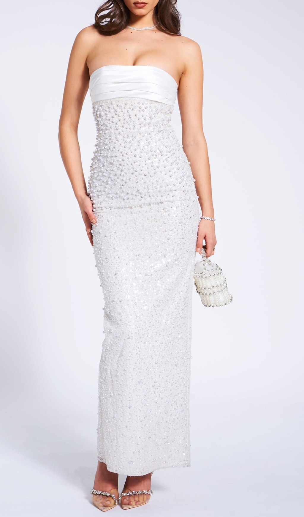Fashionslee Women Alazne White Sequin Pearl Maxi Dress