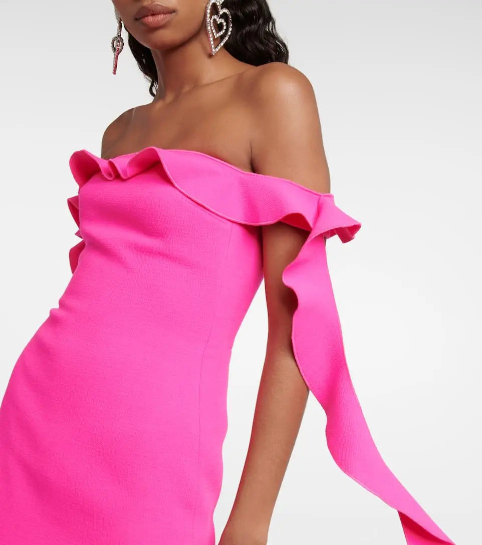 99d9300632e62c59ed323b67431ff86a.jpeg Fashionslee Women Pink Ruffled Off The-Shoulder Mini Bandage Dress