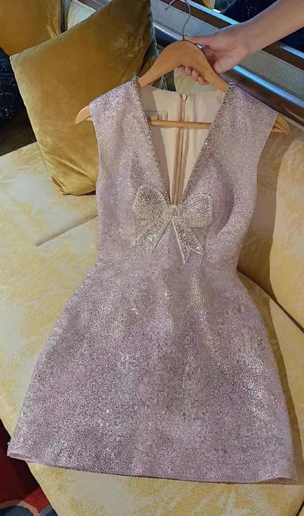 Fashionslee Women Cherish Purple Deep V-Neck Bow Mini Dress