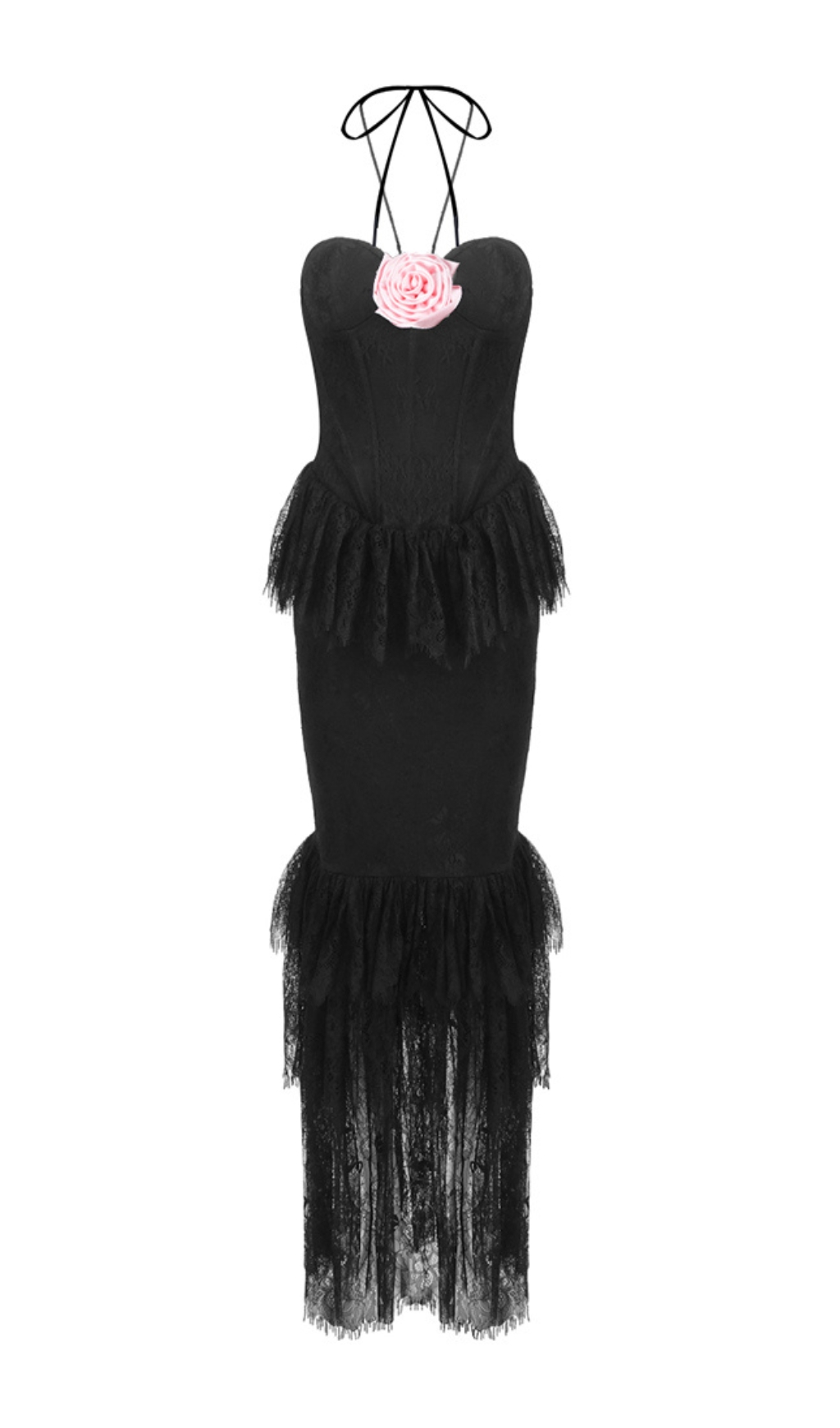 Fashionslee Women Black Halter Floral Lace Ruffle Maxi Dress