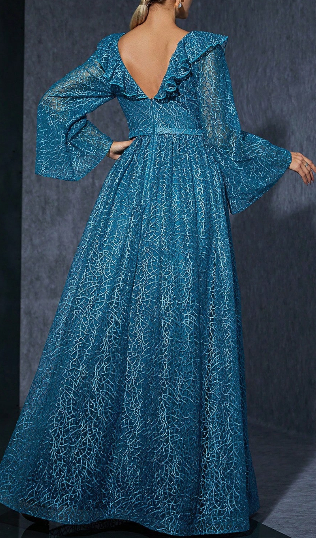 Fashionslee Women Divya Blue V-Neck Long Sleeve Maxi Dress