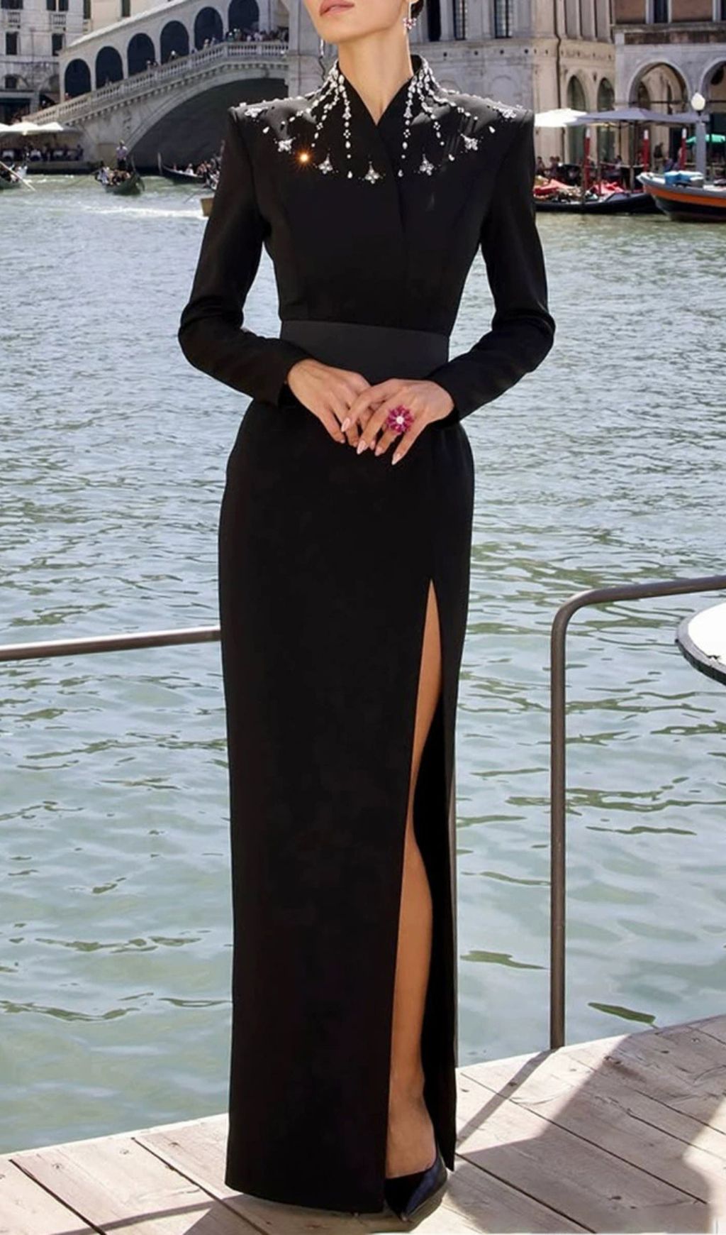 Fashionslee Women Ivonne Black Diamante Long Sleeve Maxi Dress