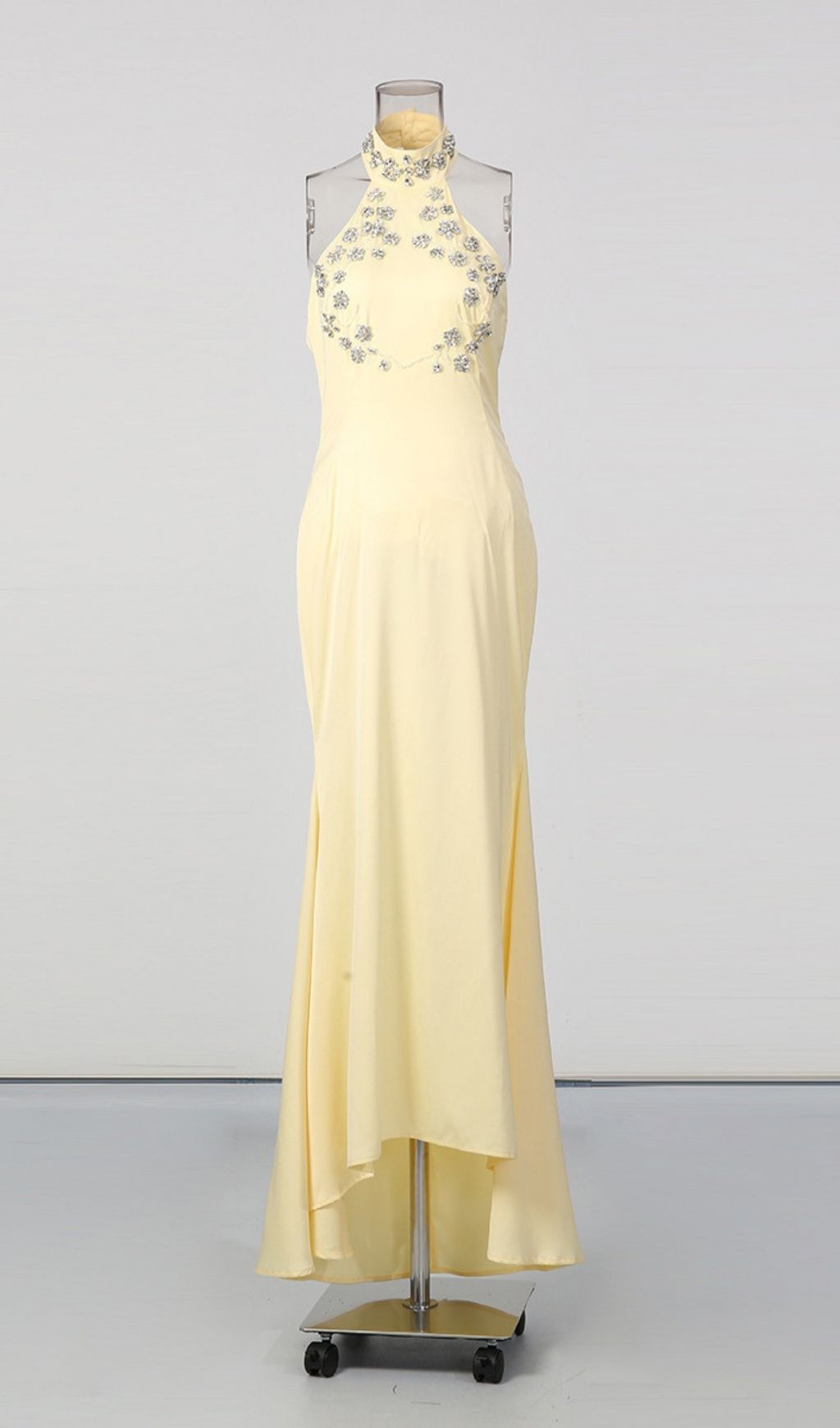 Fashionslee Women Lacy Yellow Halter Diamante Maxi Dress