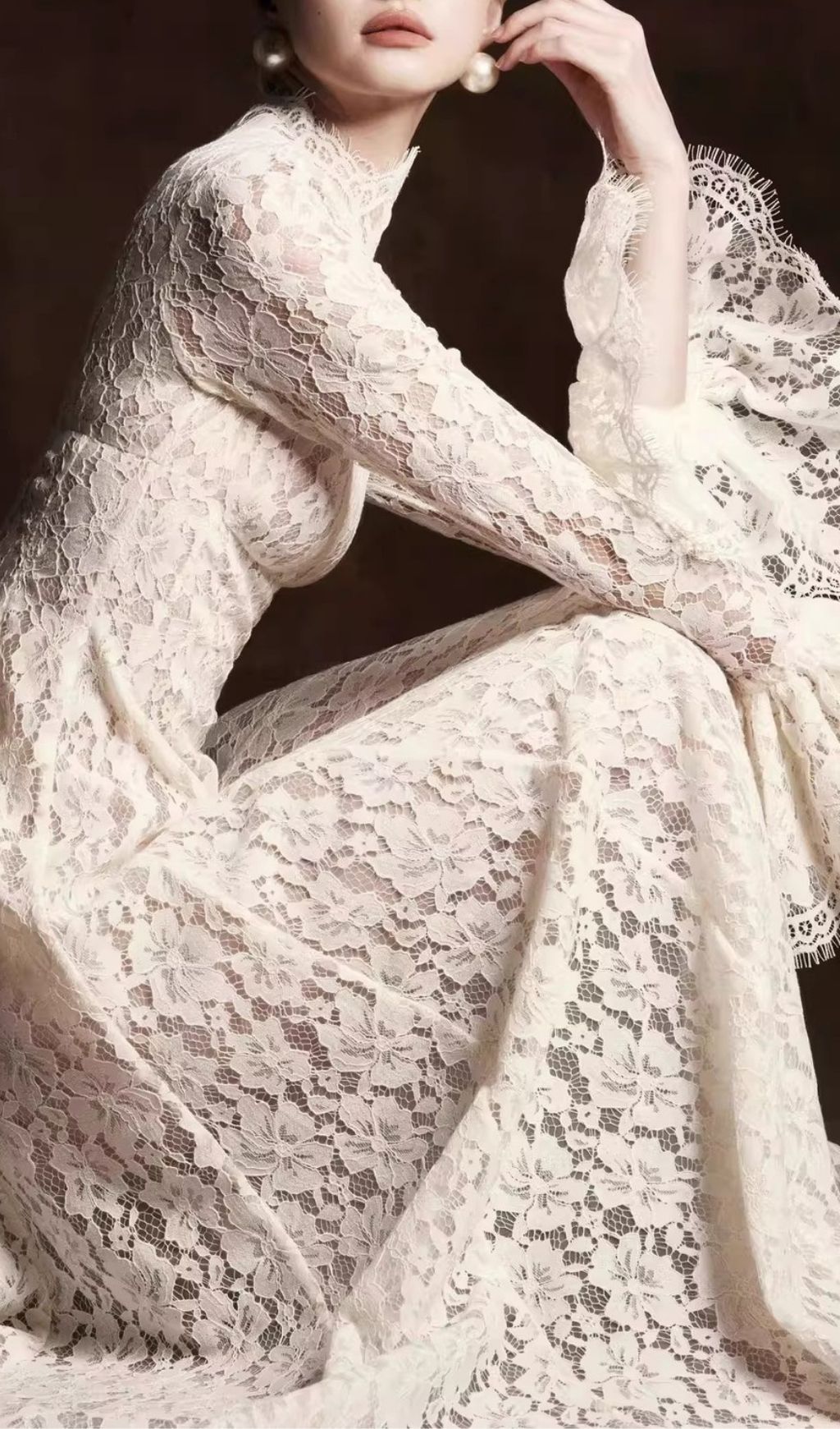Fashionslee Women Keres Flared Long Sleeve Lace Maxi Dress