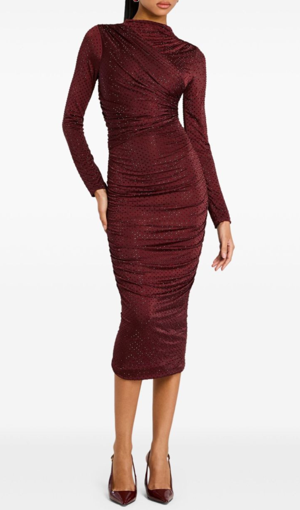 Fashionslee Women Devika Wine Embellished Ruched Midi Dress