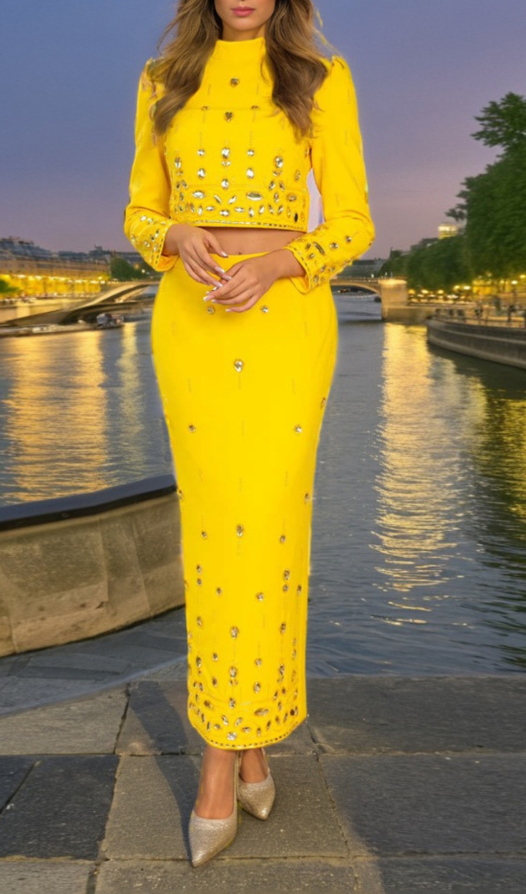 Fashionslee Women Dangola Rhinestone Long Sleeve Top & Maxi Skirt Set