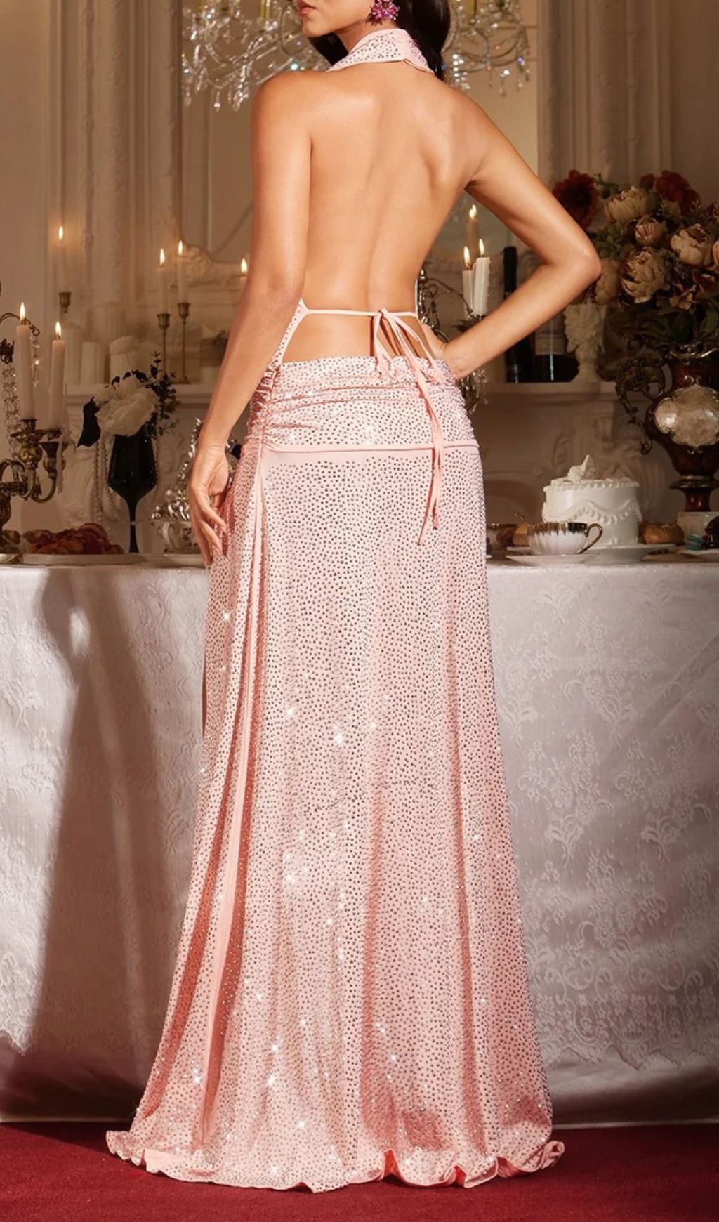 Fashionslee Women Fima Plunge Neck Rhinestone Maxi Dress