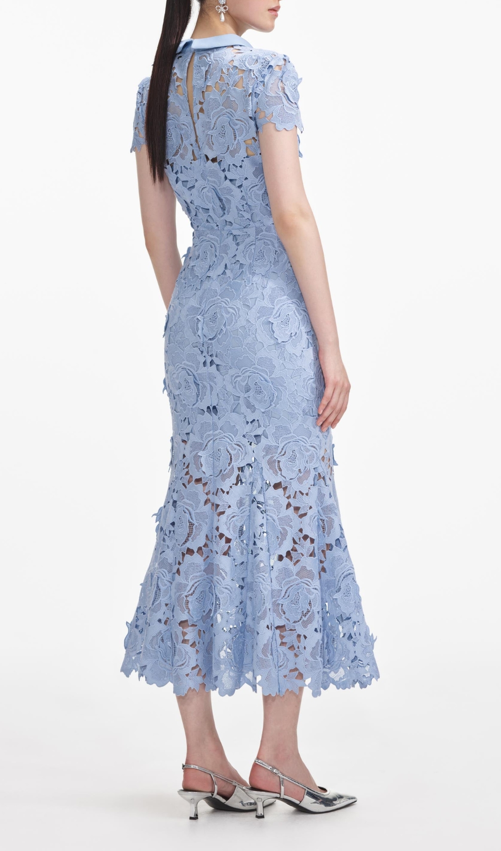 Fashionslee Women Blue Flower Lace Contrast Collar Midi Dress