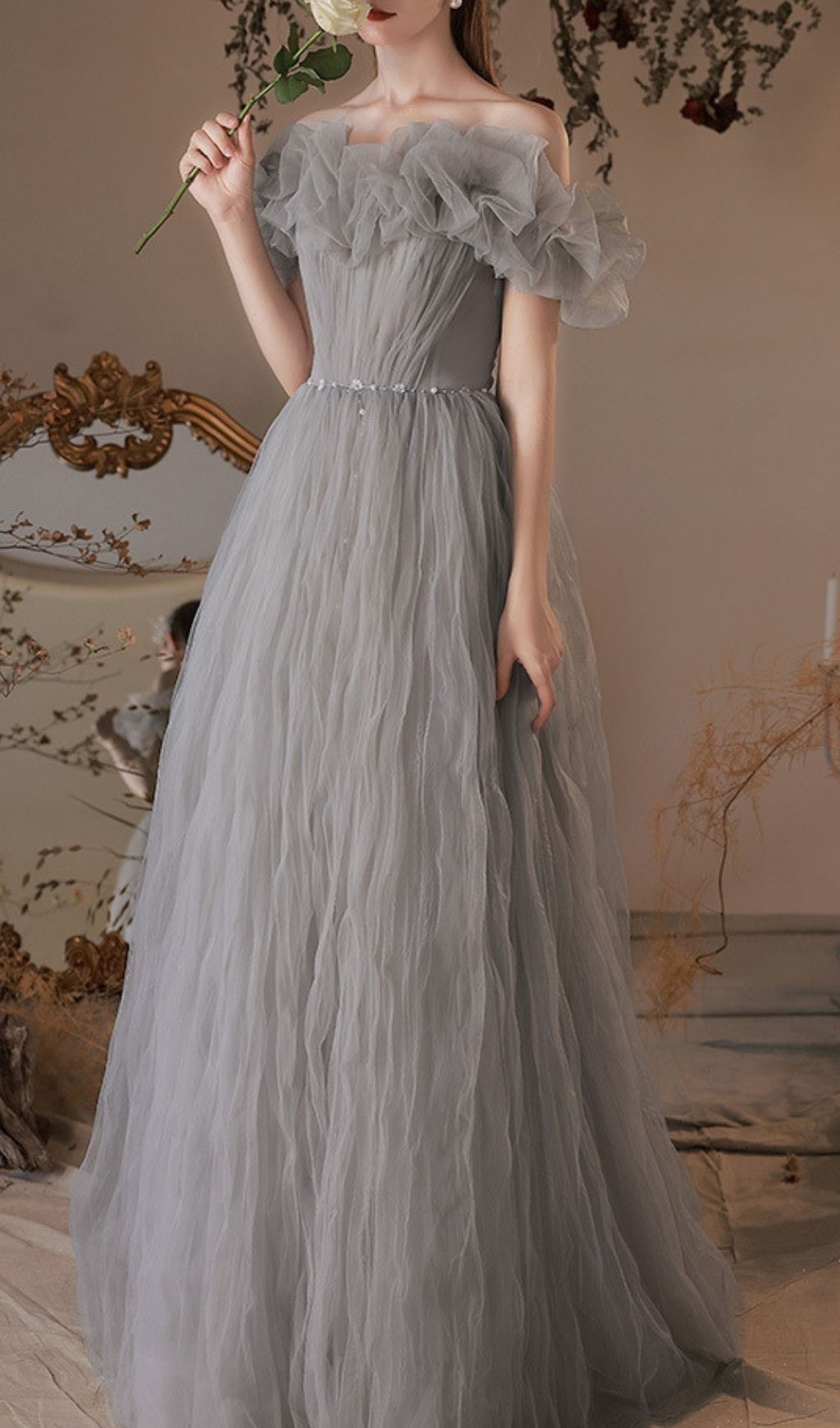 Fashionslee Women Kasey Grey Off-Shoulder Mesh Maxi Dress