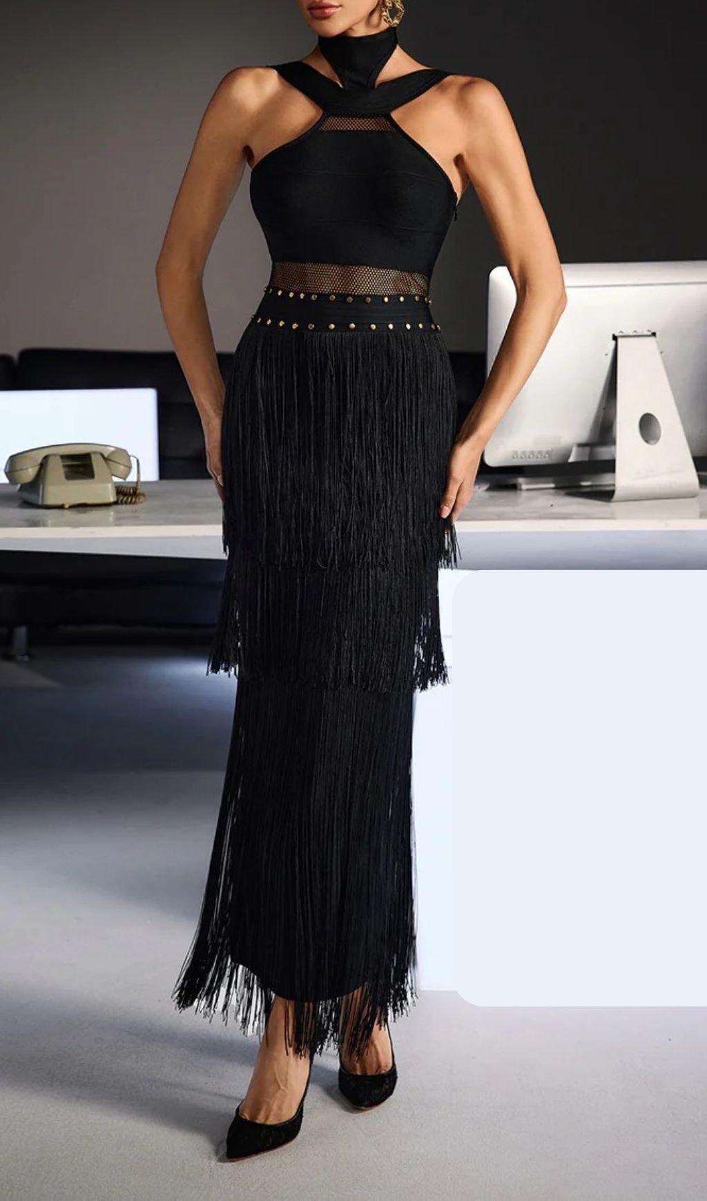 Fashionslee Women Fermin Black Halterneck Bandage Fringe Midi Dress