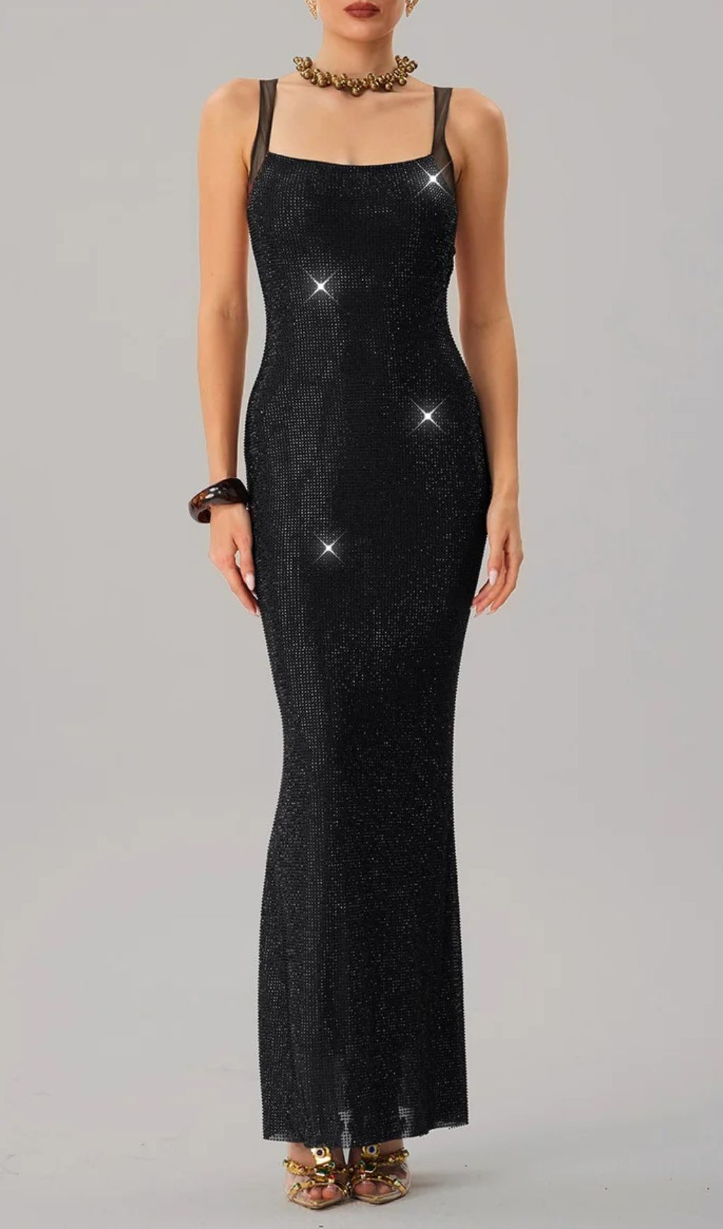 Fashionslee Women Jouncegrid Backless Rhinestone Maxi Dress In Black