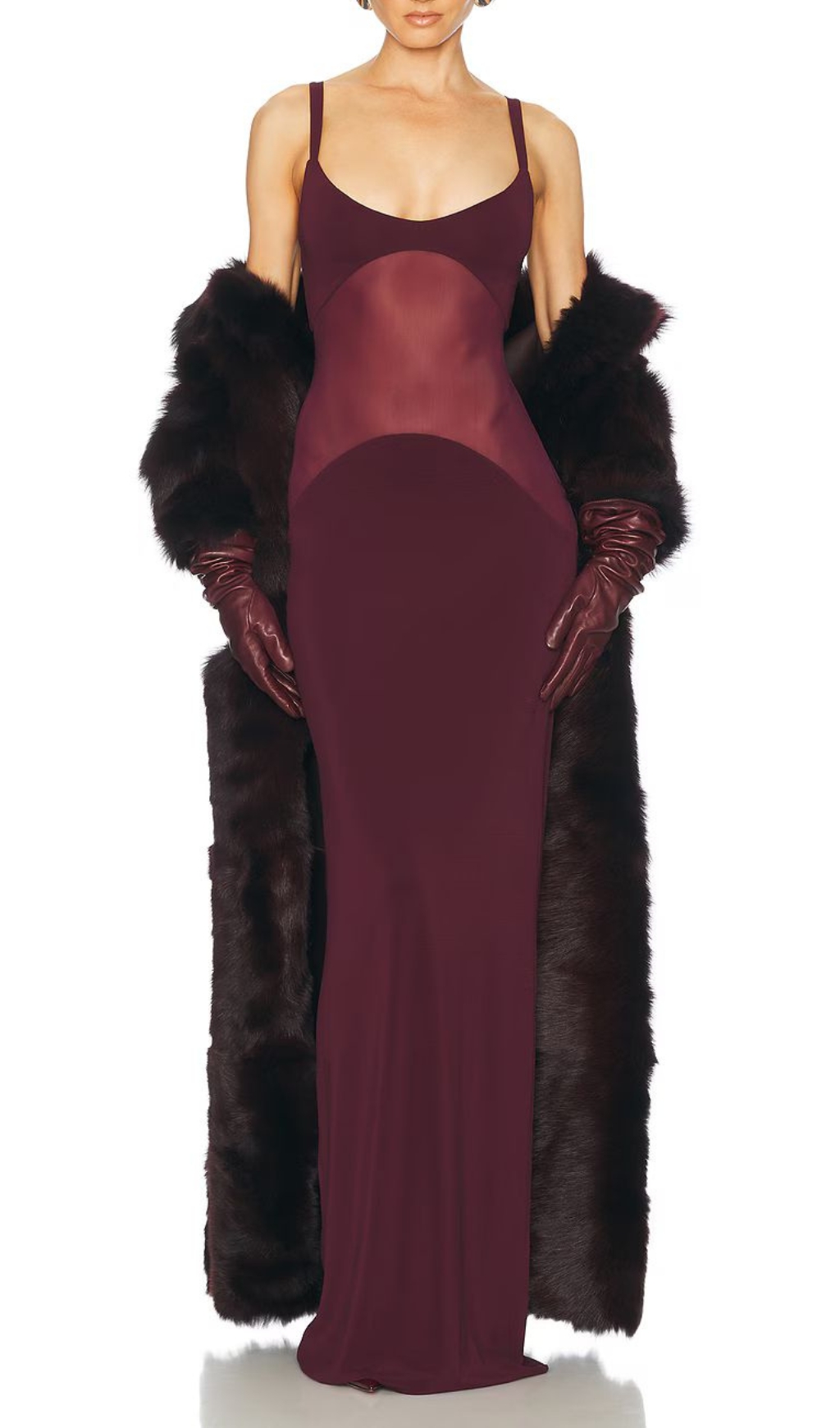 Fashionslee Women Mesh Insert Maxi Dress Burgundy