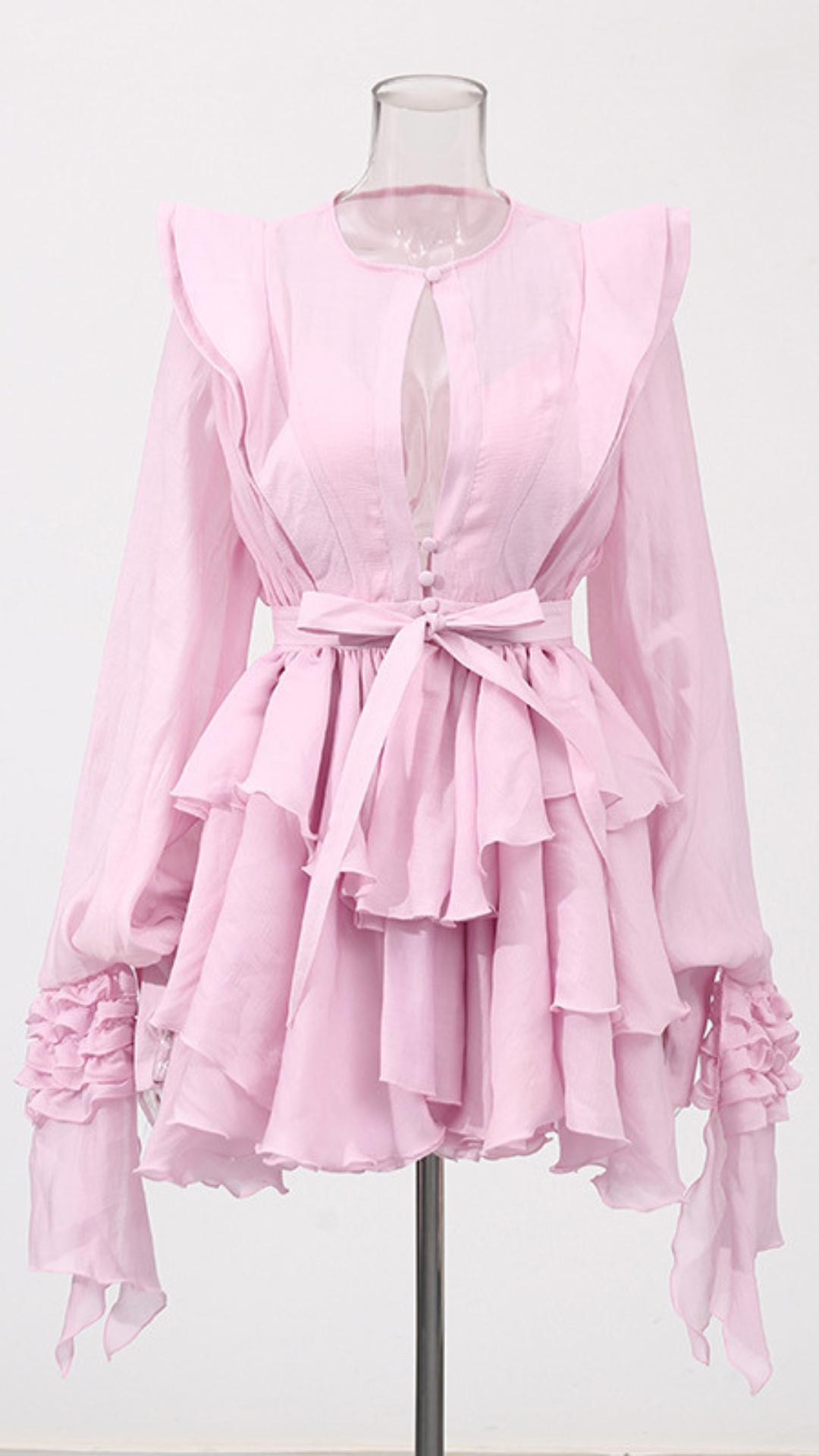 Fashionslee Women Fleur Pink Long Sleeve Ruffle Mini Dress