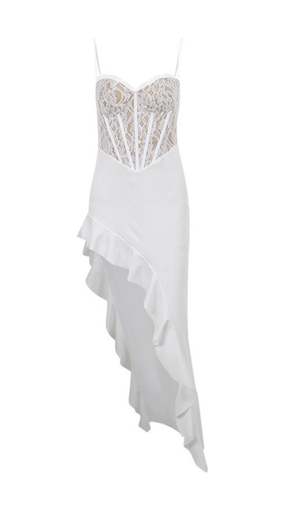 9c67720bf8380d5da68a80c4aaeb9ca9.jpeg Fashionslee Women Arlette Lace Asymmetric Ruffle Midi Dress