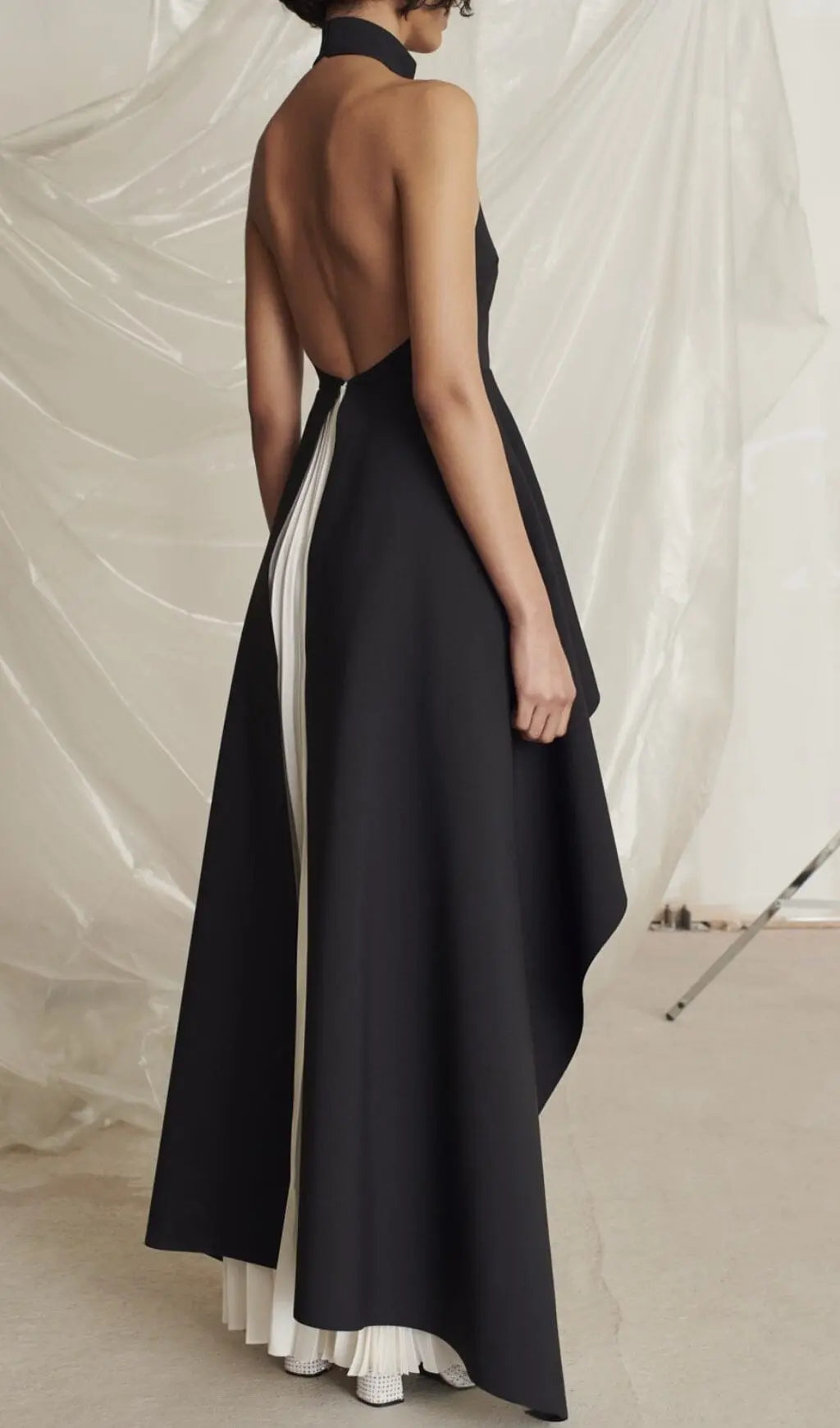 Fashionslee Women Bandage Halter Irregular Maxi Dress In Black And White
