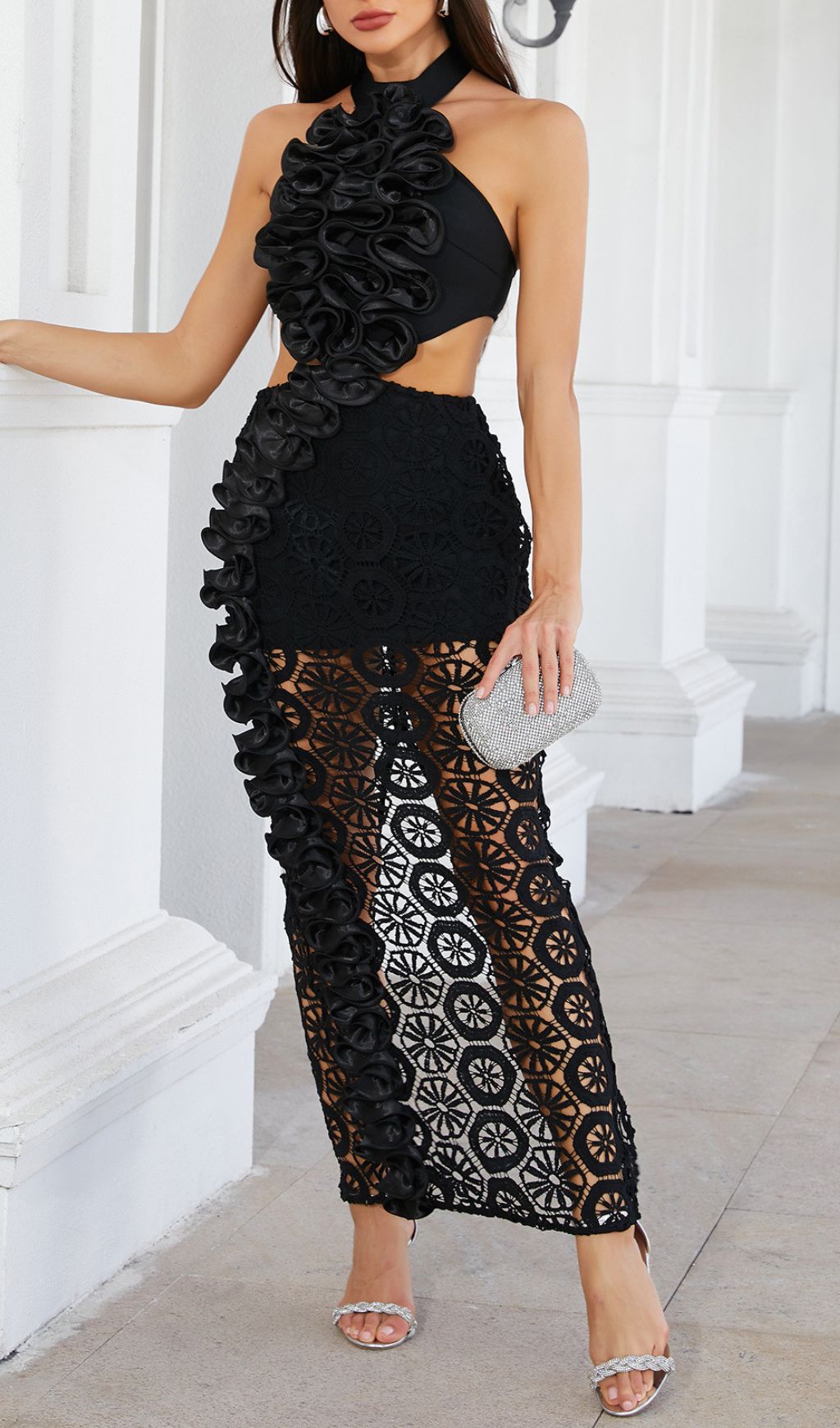 Fashionslee Women Festus Black Halterneck Cutout Bandage Maxi Dress
