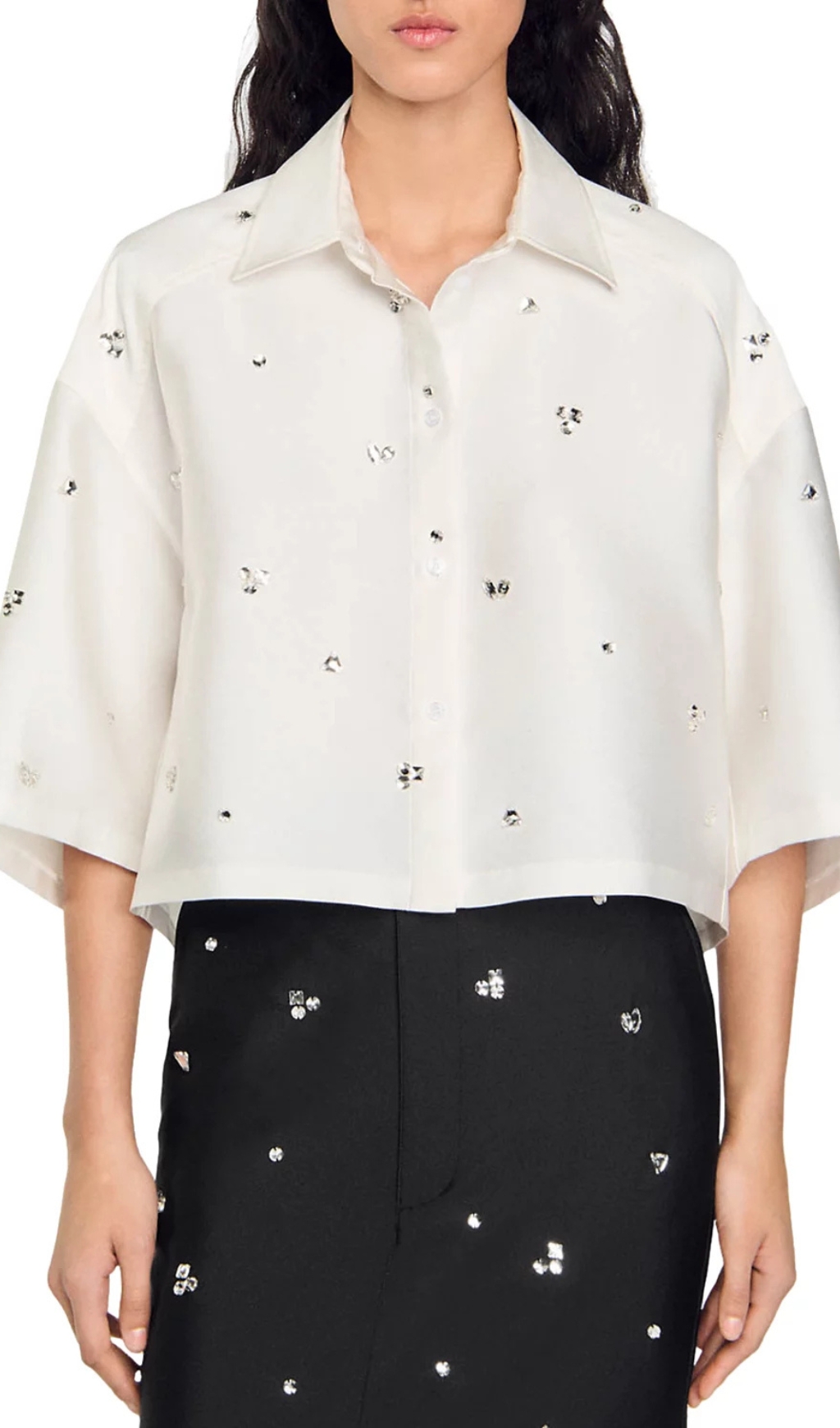 Fashionslee Women Mentissa Oversized Cropped Embellished Shirt