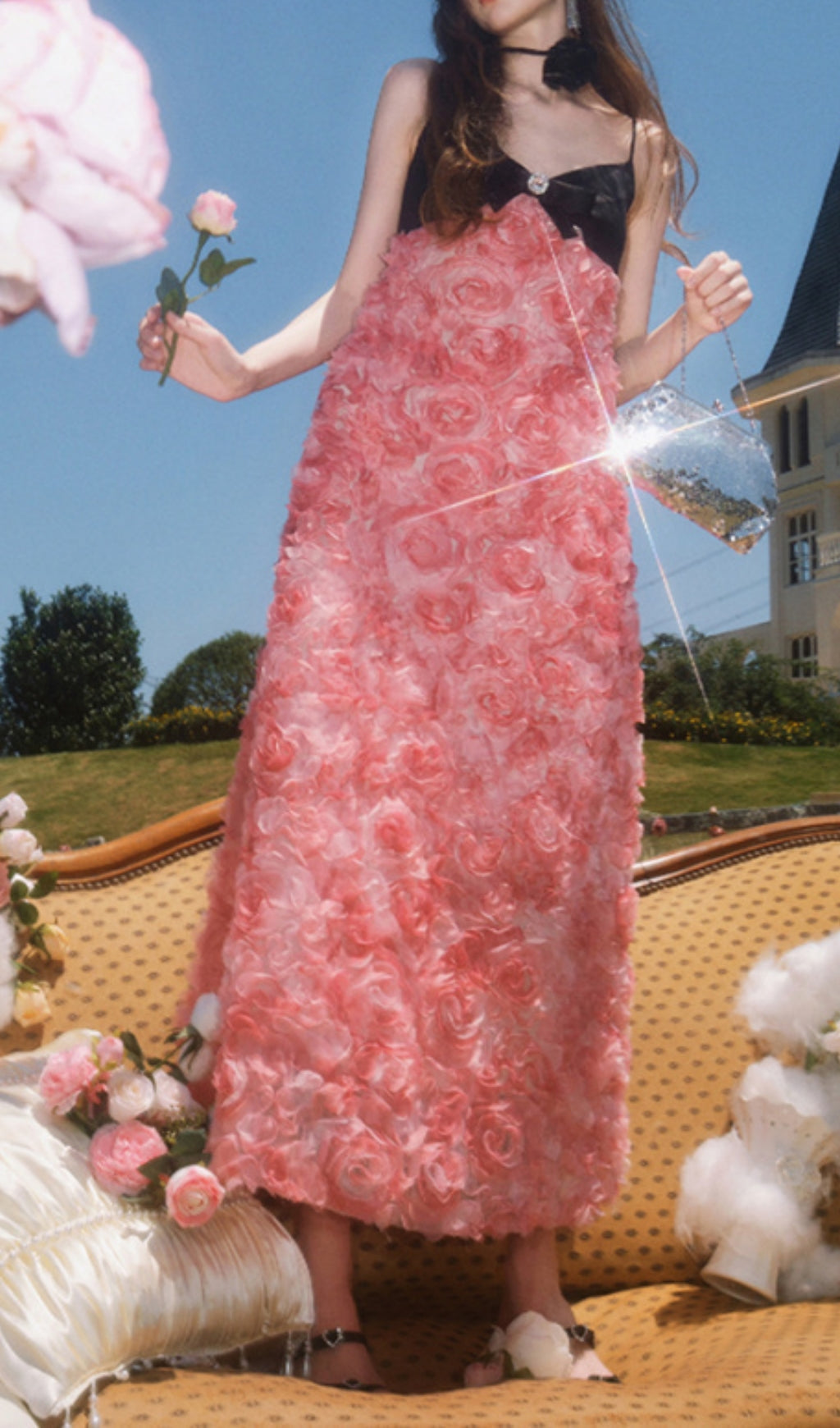 Fashionslee Women Rose Appliquéd Spaghetti Maxi Dress In Pink