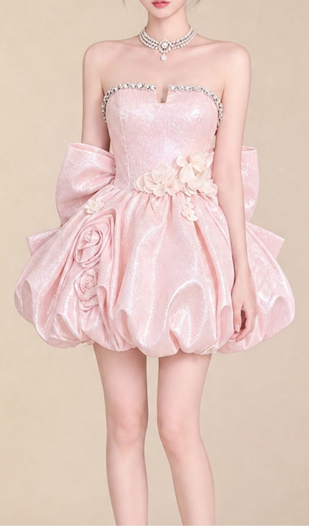 Fashionslee Women Krishika Pink Strapless Flower Bow Mini Dress