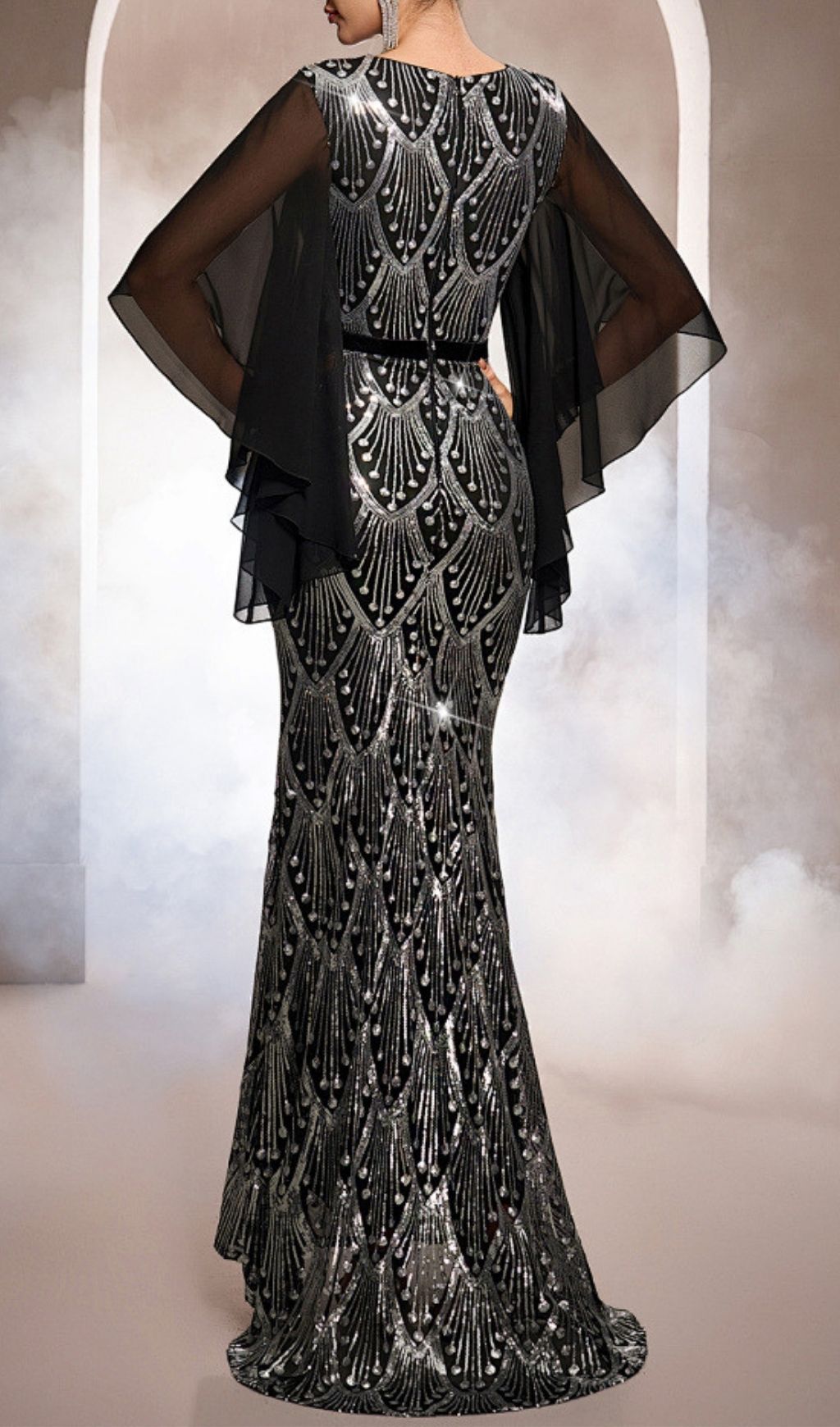 Fashionslee Women Kati Mesh Sleeve Sequin Maxi Dress