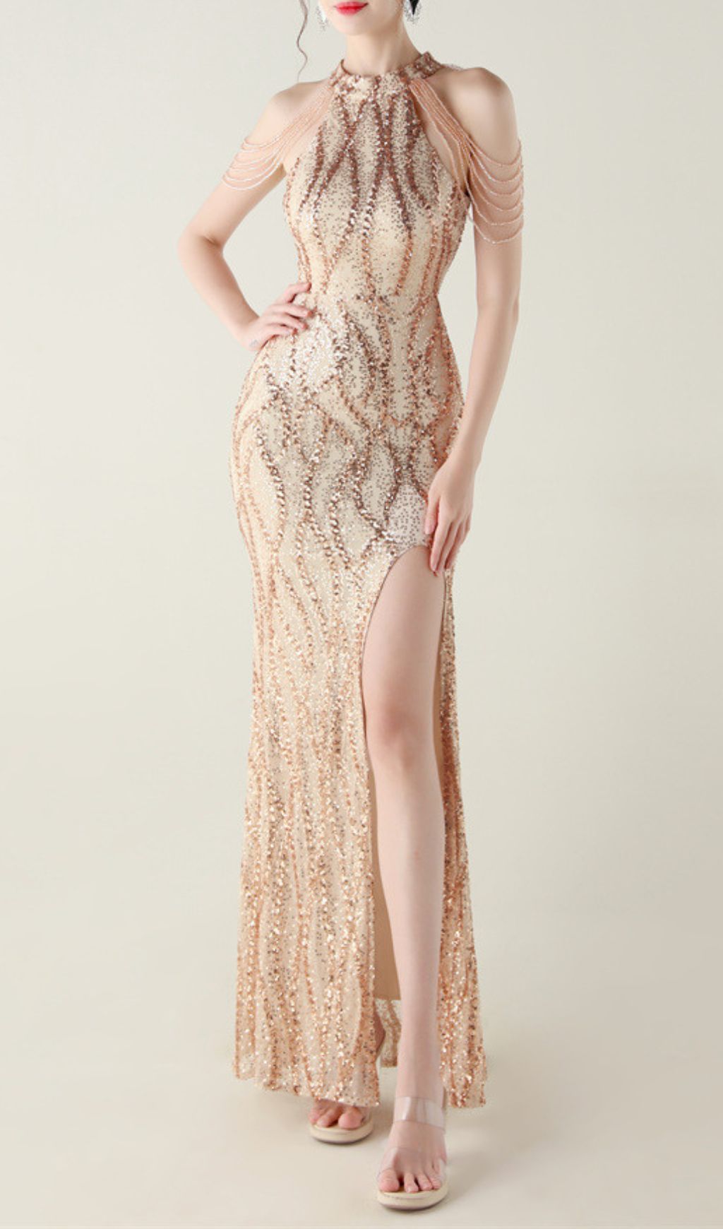 Fashionslee Women Ikra Halter Sequin Slit Maxi Dress