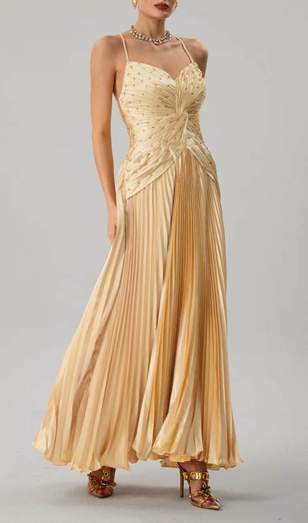 Fashionslee Women Jagtopo Spaghetti Twisted Pleated Maxi Dress