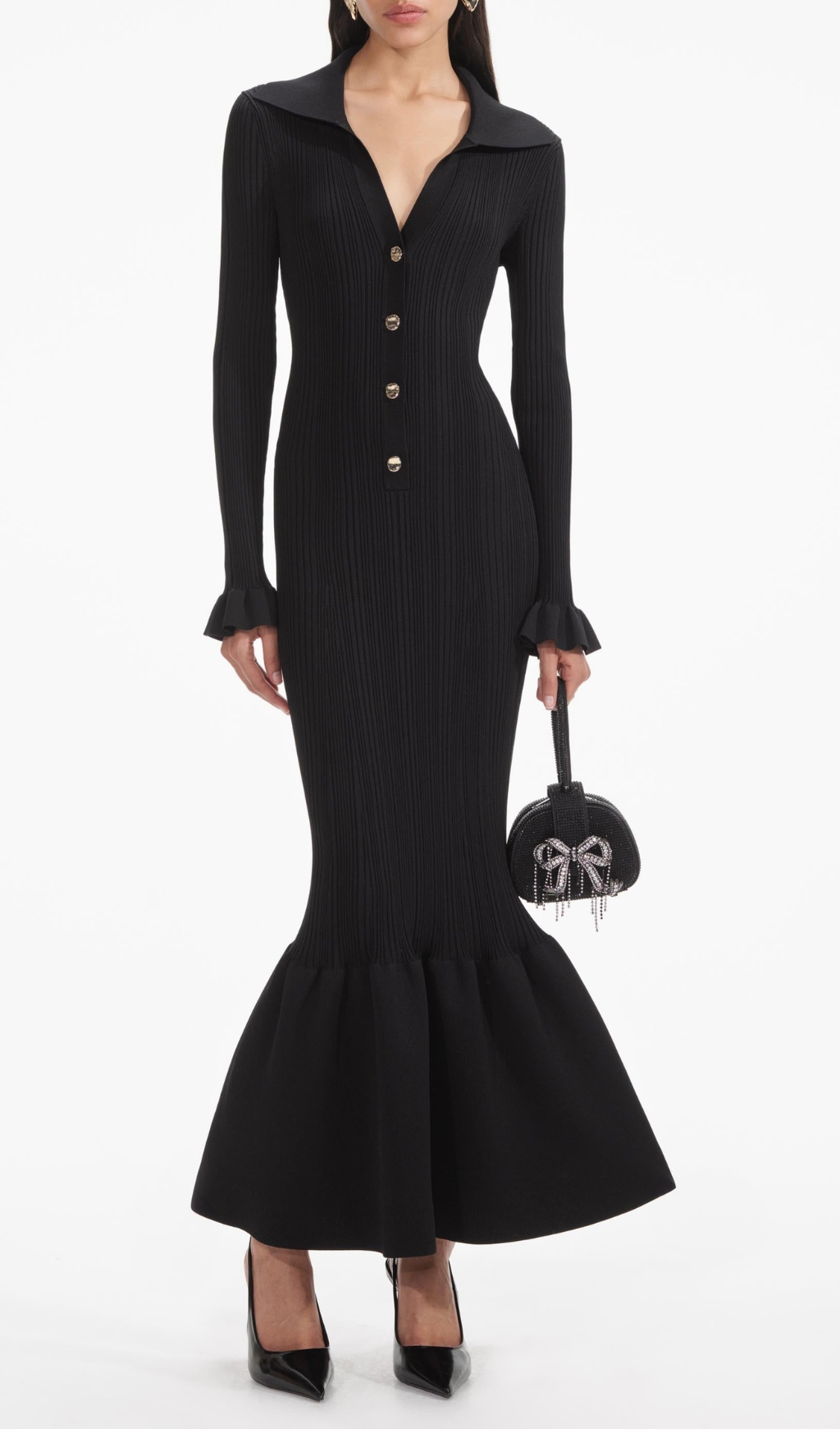 Fashionslee Women Black Ribbed Knit Fluted Midi Dress