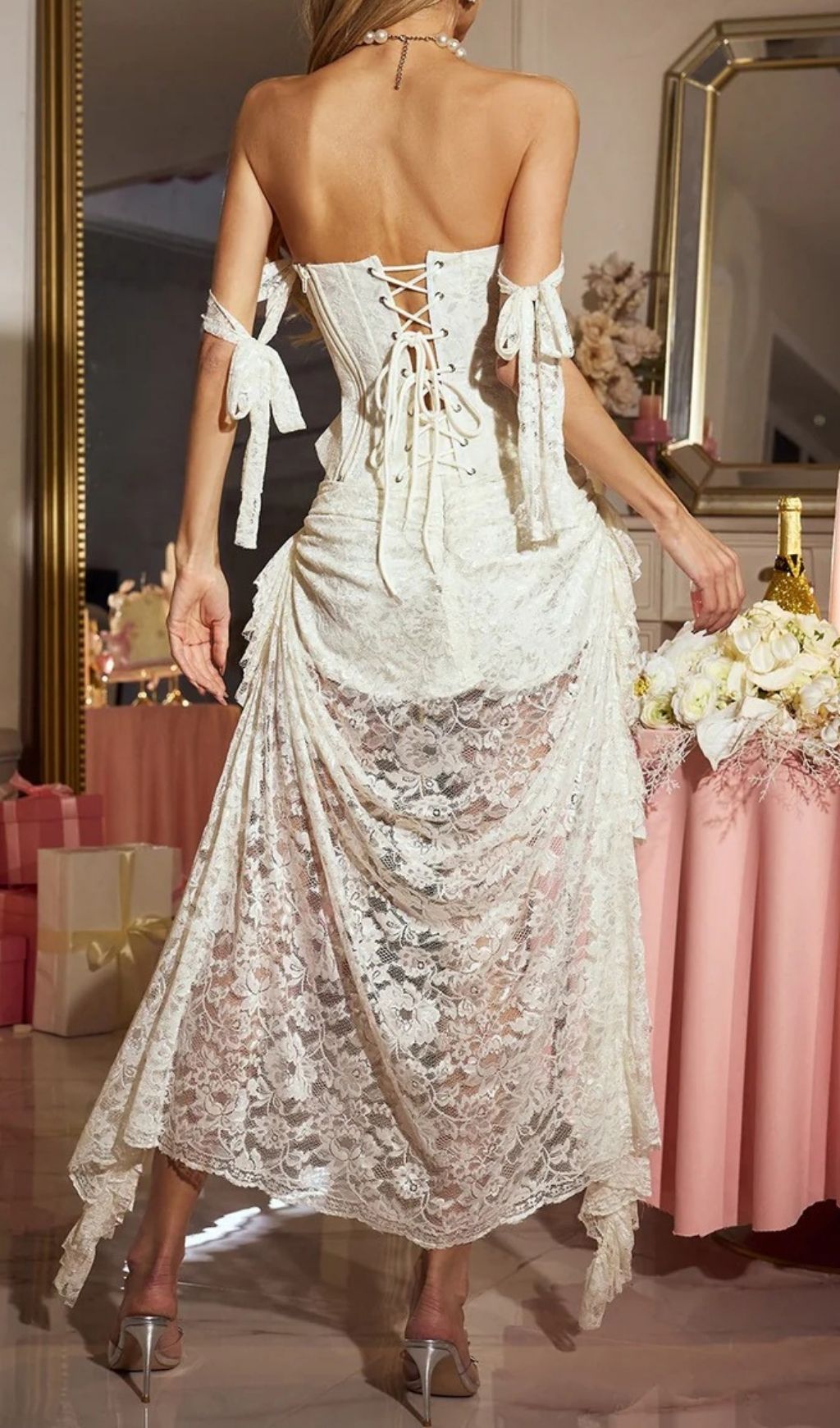Fashionslee Women Cexila Strapless Lace Pearl Skirt Set