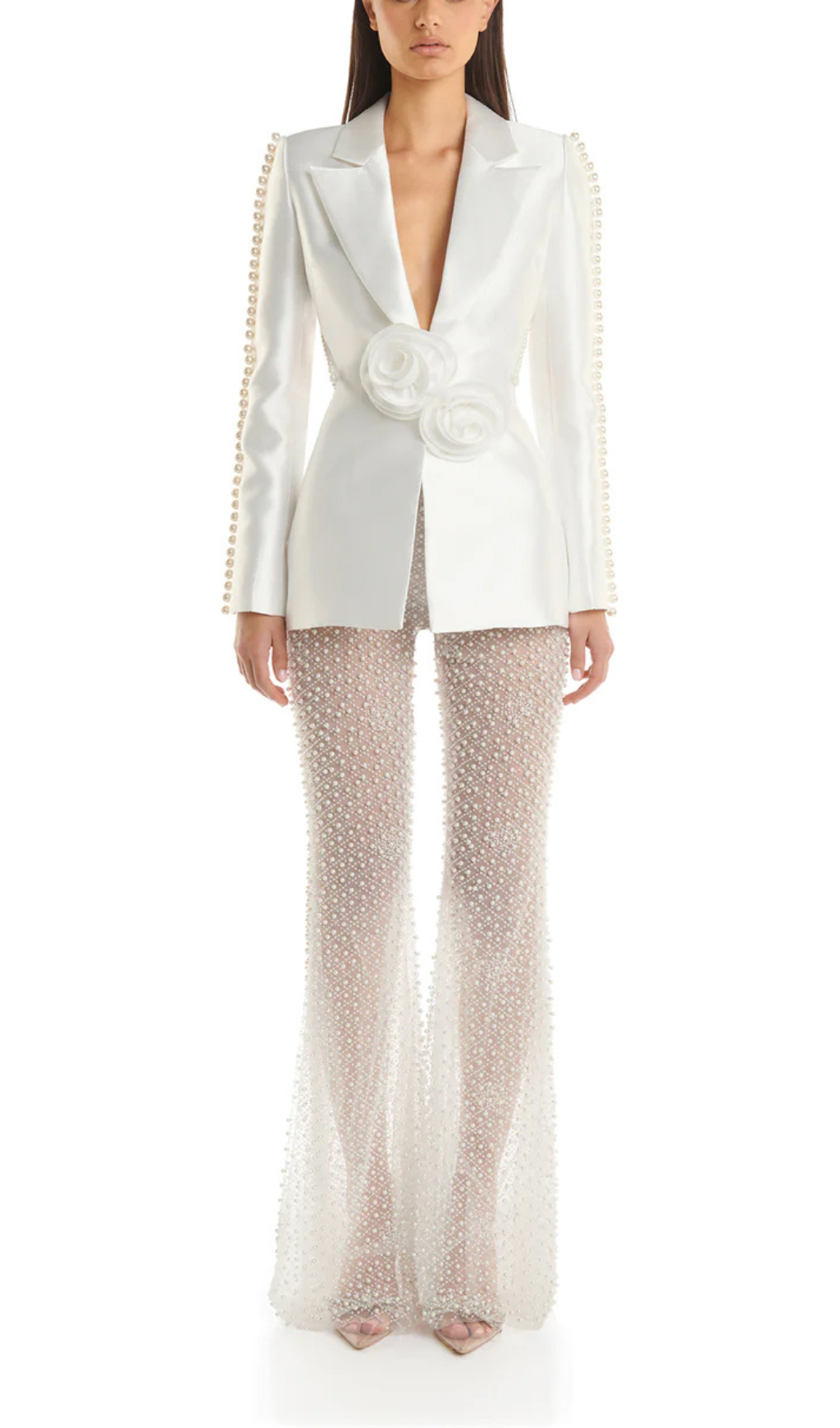 Fashionslee Women White Hollow Tight Trousers Two-Piece Set