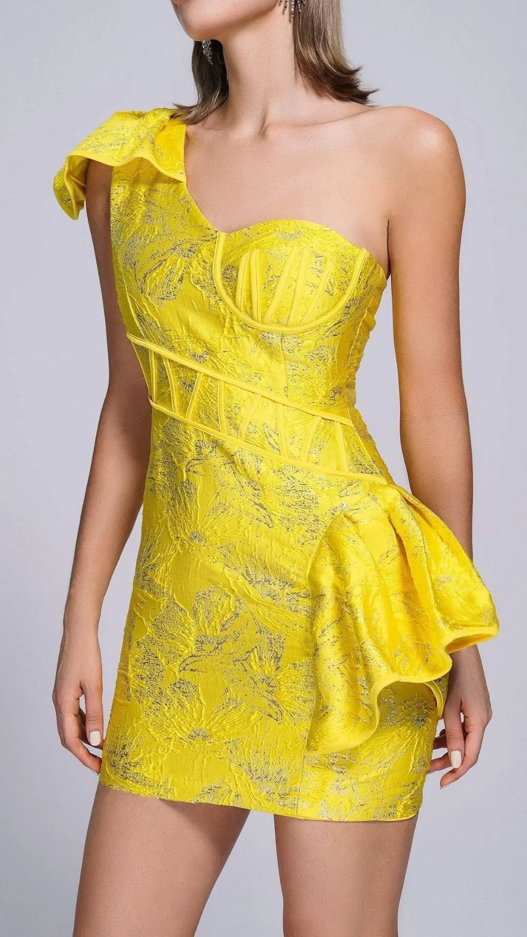 9dd287010c8a682bc1679f9710dd4d2f.jpeg Fashionslee Women Jacquard One Shoulder Mini Dress In Yellow