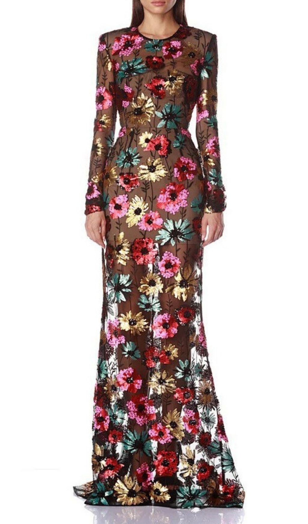 Fashionslee Women Kaoru Sequin Flower Mesh Long Sleeve Maxi Dress